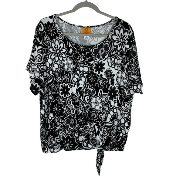 Ruby Rd. Petite Floral Tie Knot Hem Blouse Women's Petite Large Black White - Picture 6 of 8